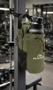 Green PeakGear gym bag with phone and bottle holder