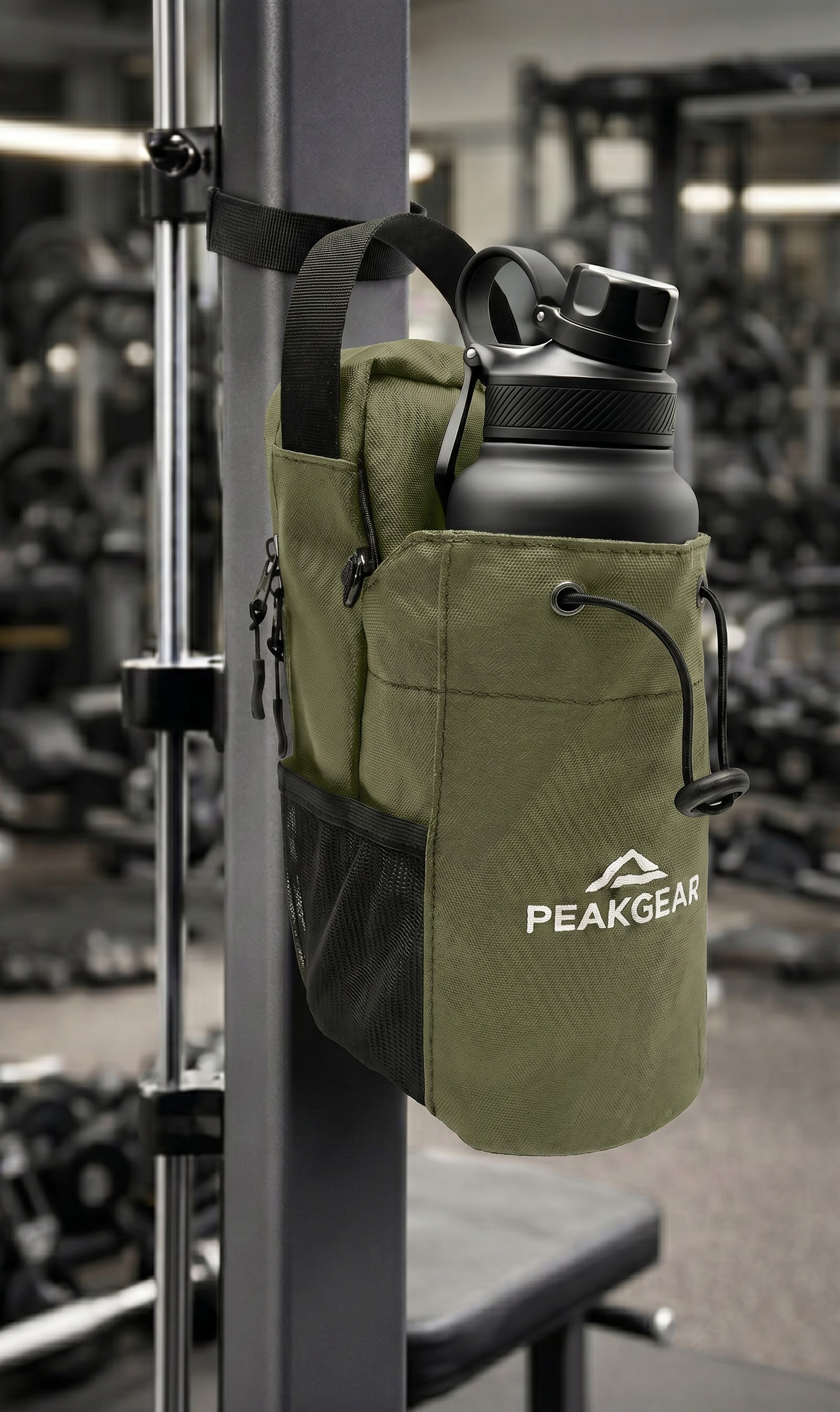 Green PeakGear gym bag with phone and bottle holder
