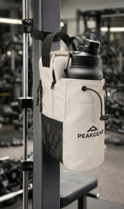 Biela taška do posilňovne PeakGear s telefónom a držiakom na fľašu
