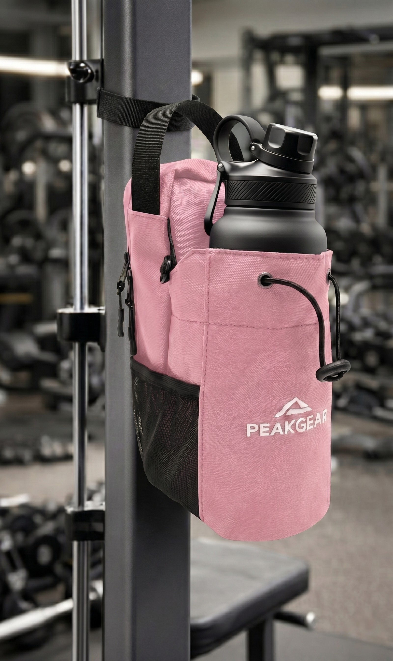Pinke PeakGear-Sporttasche mit Handy- und Flaschenhalter
